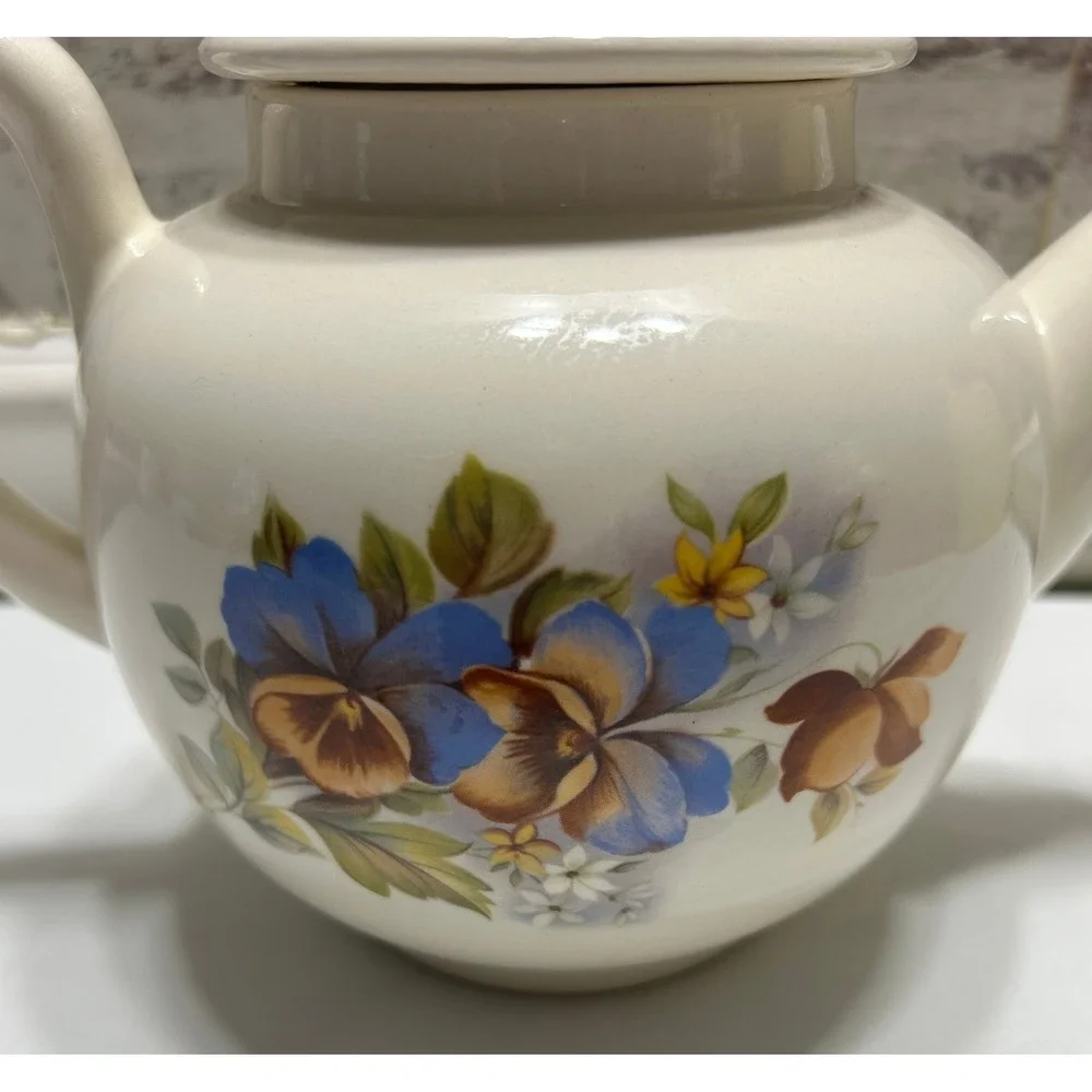 Vintage Floral Ceramic Teapot Cream with Blue and Orange Pansies 6 inch